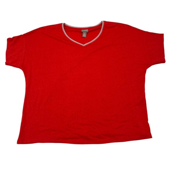 Chicos Womens Red V-Neck Short Sleeve Top With Metallic Trim Size 2 - Picture 1 of 5